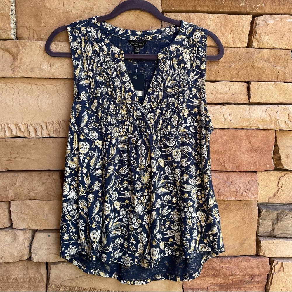 Lucky Brand navy yellow sleeveless boho top Women Medium NWT